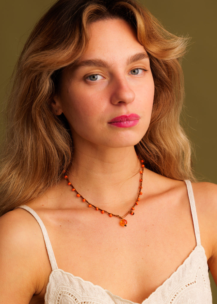 Nirvana Necklet — Orange beaded necklace on model — MYFASHIONFRUIT