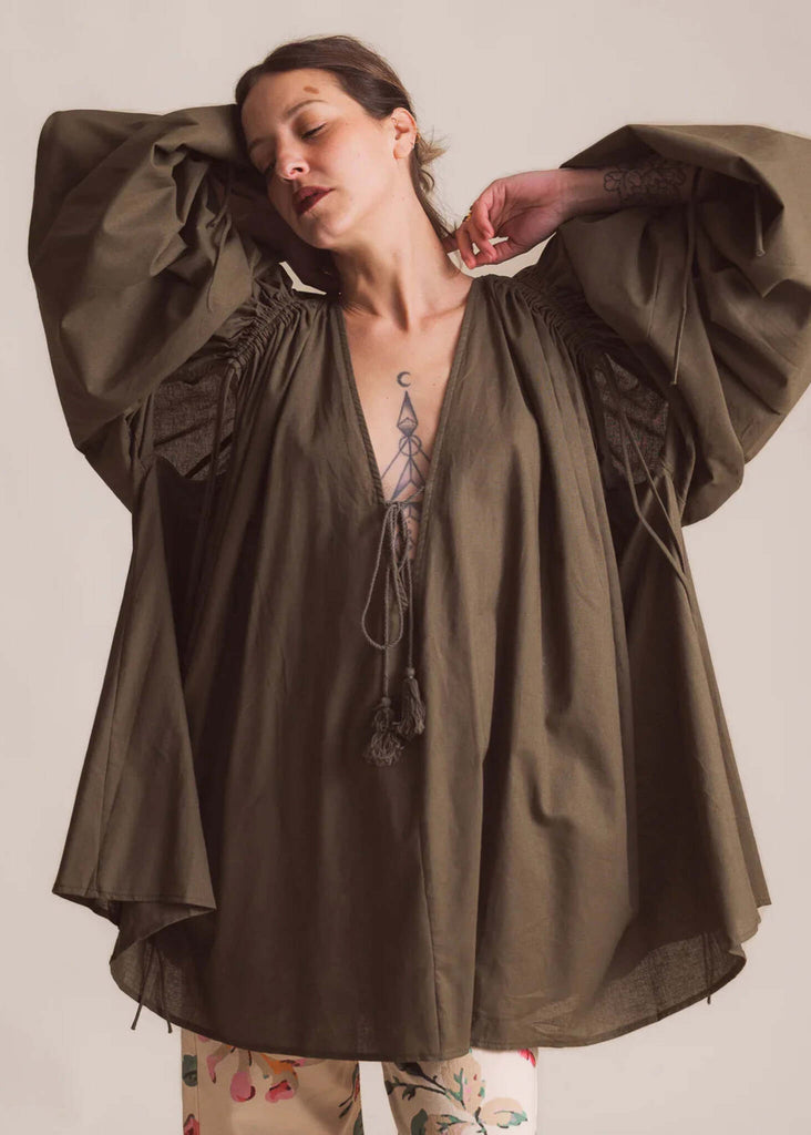 Nanise Top — Green top with balloon sleeves on model — MYFASHIONFRUIT