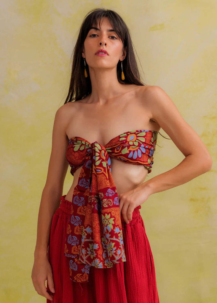 Bijal Silk Scarf — On model, red floral scarf top — MYFASHIONFRUIT