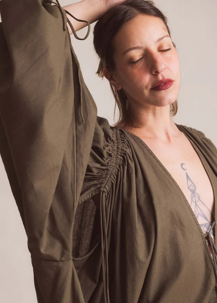 Nanise Top — Olive top with sleeve detail on model — MYFASHIONFRUIT