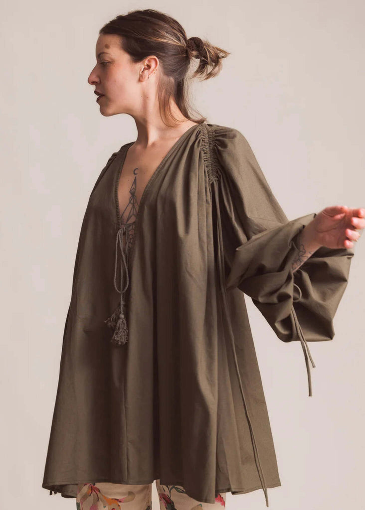 Nanise Top — Olive top with tie on model — MYFASHIONFRUIT