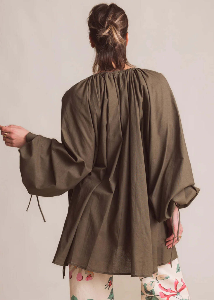 Nanise Top — Olive cotton top, on model, back view — MYFASHIONFRUIT