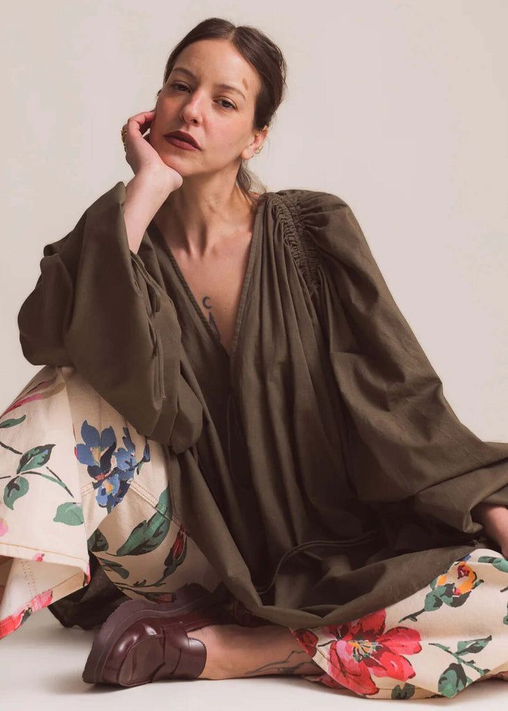 Nanise Top — Olive top, floral pants on model — MYFASHIONFRUIT
