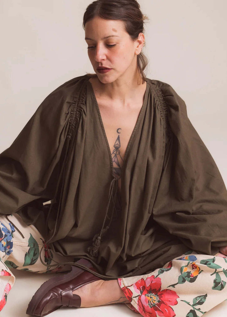 Nanise Top — Olive, tie-front top on model — MYFASHIONFRUIT