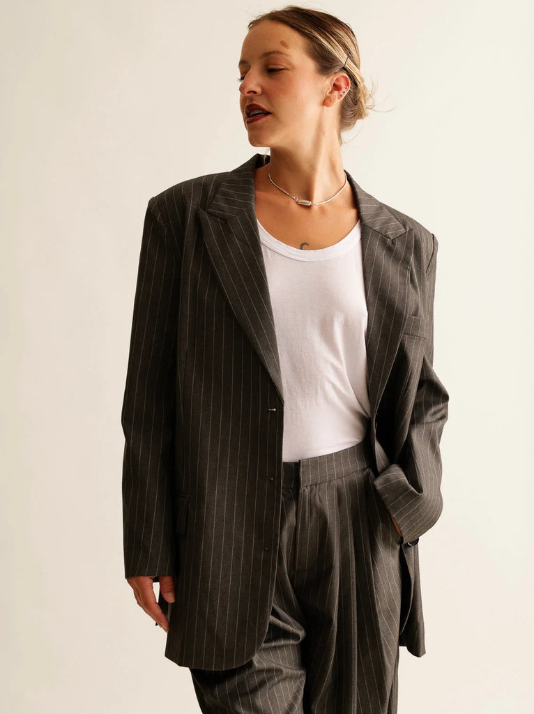 Vy Blazer — Pinstripe blazer on model — MYFASHIONFRUIT
