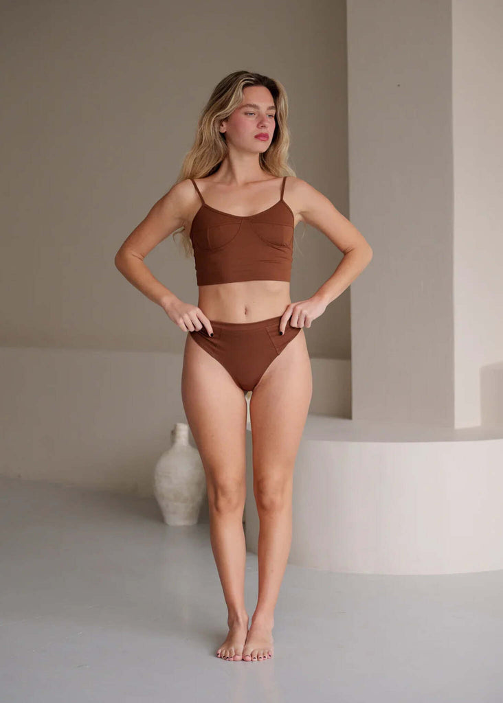 Eden Set - Hot Chocolate — Brown lingerie set on model — MYFASHIONFRUIT