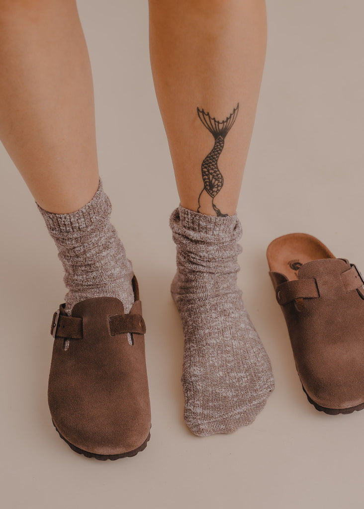 Bilbao Suede Clogs — Brown suede clogs and gray socks — MYFASHIONFRUIT