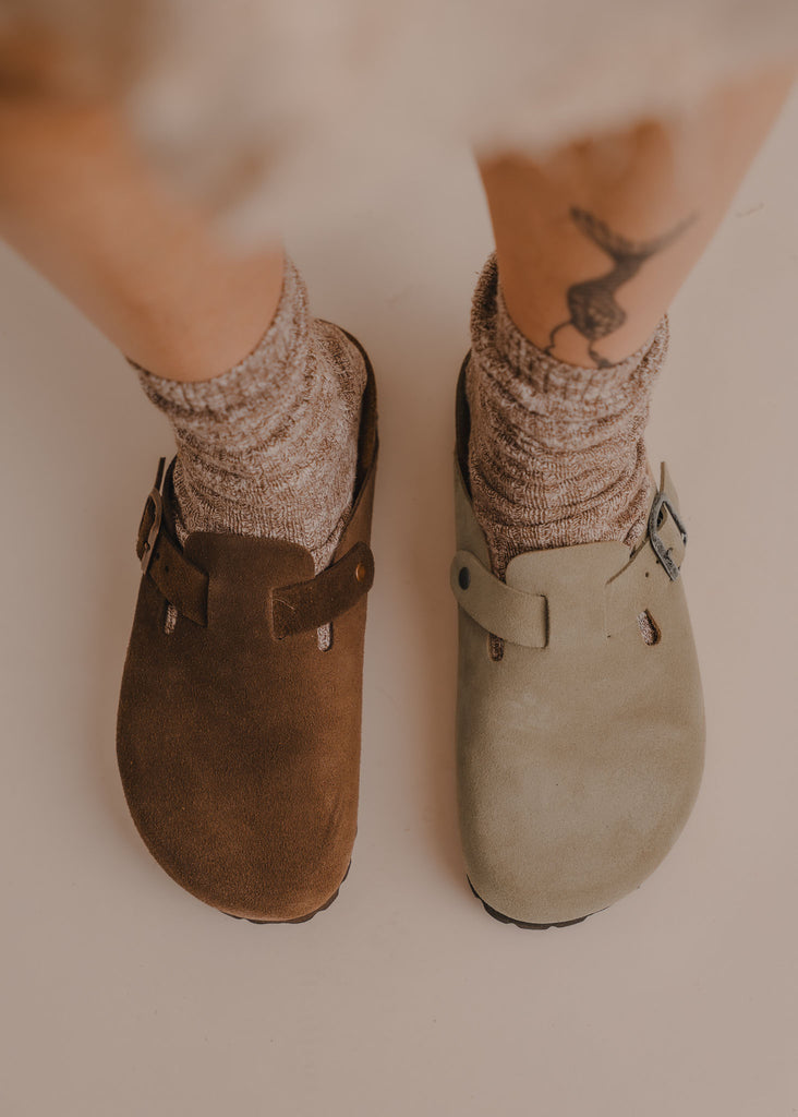 Bilbao Suede Clogs — Brown and green suede clogs on model— MYFASHIONFRUIT