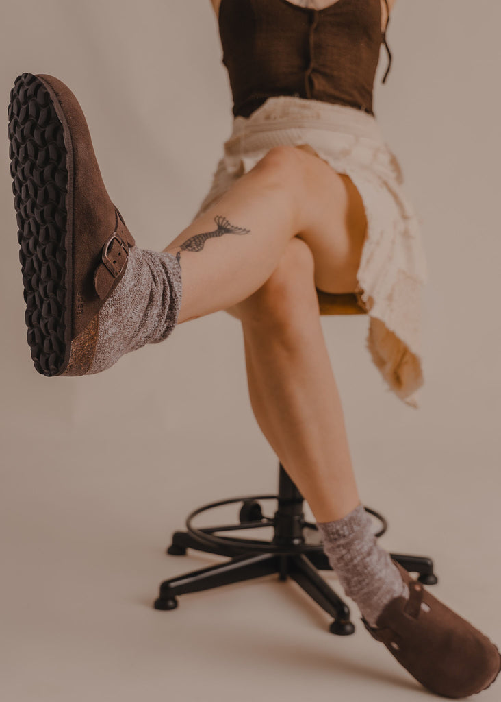 Bilbao Suede Clogs — Brown suede clogs, socks on model — MYFASHIONFRUIT
