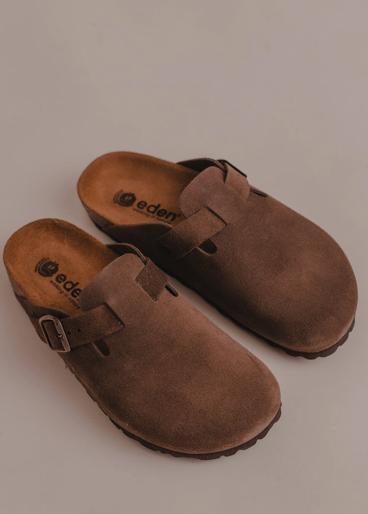Bilbao Suede Clogs — Brown suede clogs with buckle detail — MYFASHIONFRUIT