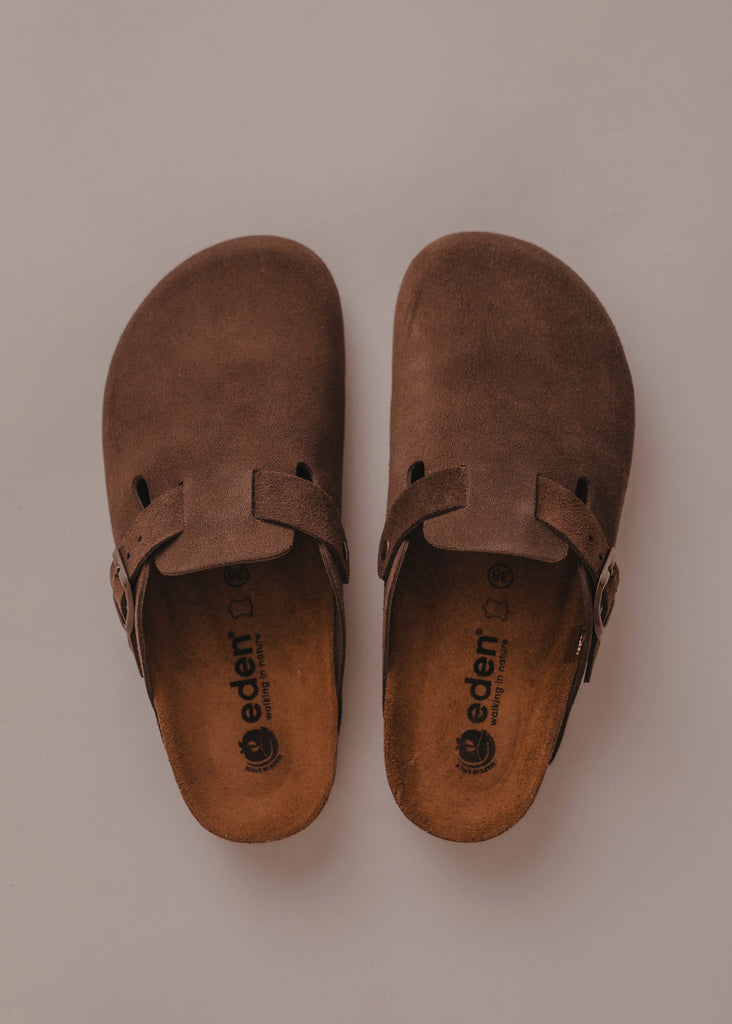 Bilbao Suede Clogs — Brown suede clogs, top view — MYFASHIONFRUIT