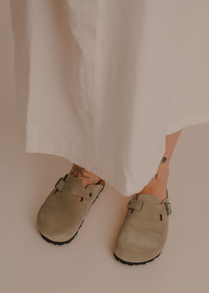 Bilbao Suede Clogs — Olive green suede clogs on model — MYFASHIONFRUIT