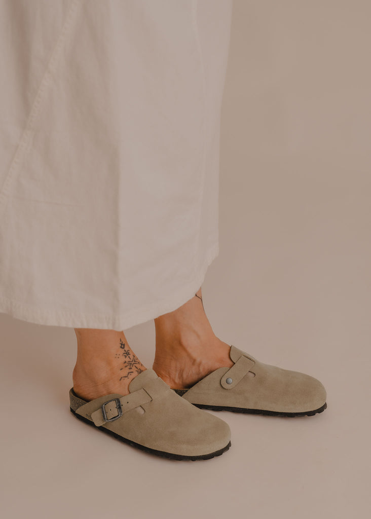 Bilbao Suede Clogs — Beige suede clogs on model — MYFASHIONFRUIT