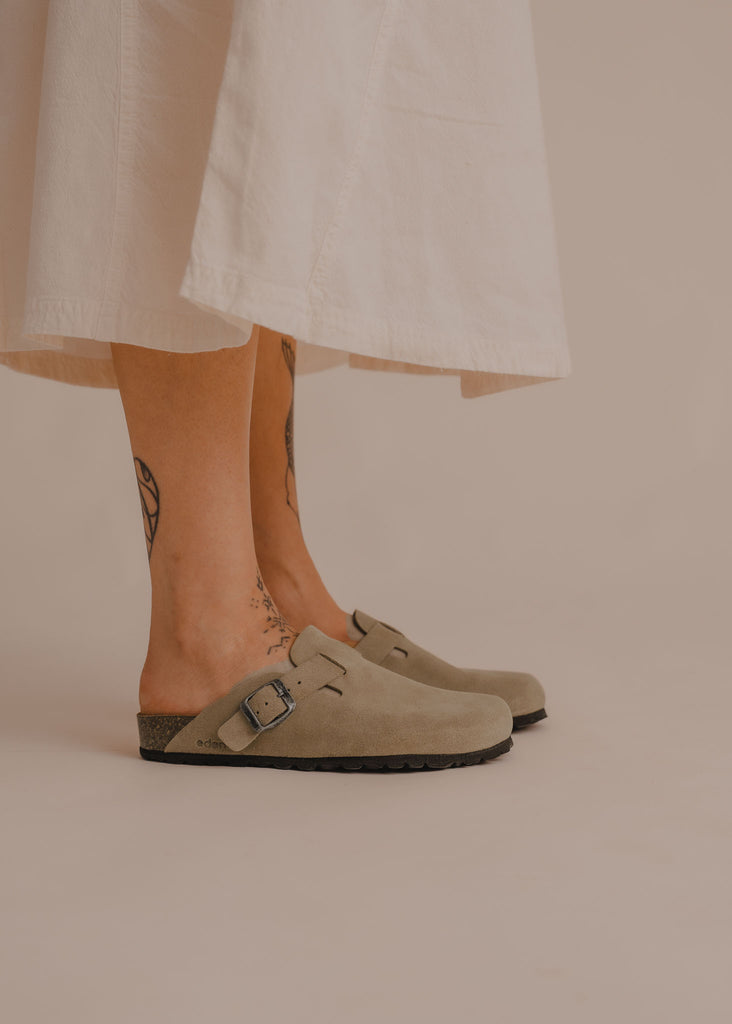 Bilbao Suede Clogs — Beige suede clogs on model — MYFASHIONFRUIT