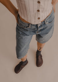 Bilbao Leather Clogs — Dark brown clogs on model with denim shorts — MYFASHIONFRUIT