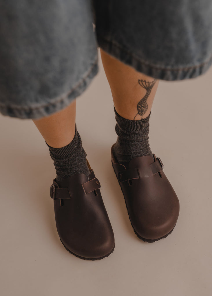 Bilbao Leather Clogs — Brown leather clogs on model with grey socks — MYFASHIONFRUIT