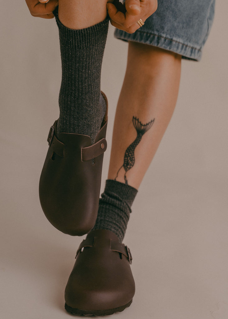 Bilbao Leather Clogs — Brown clogs with grey socks on model — MYFASHIONFRUIT