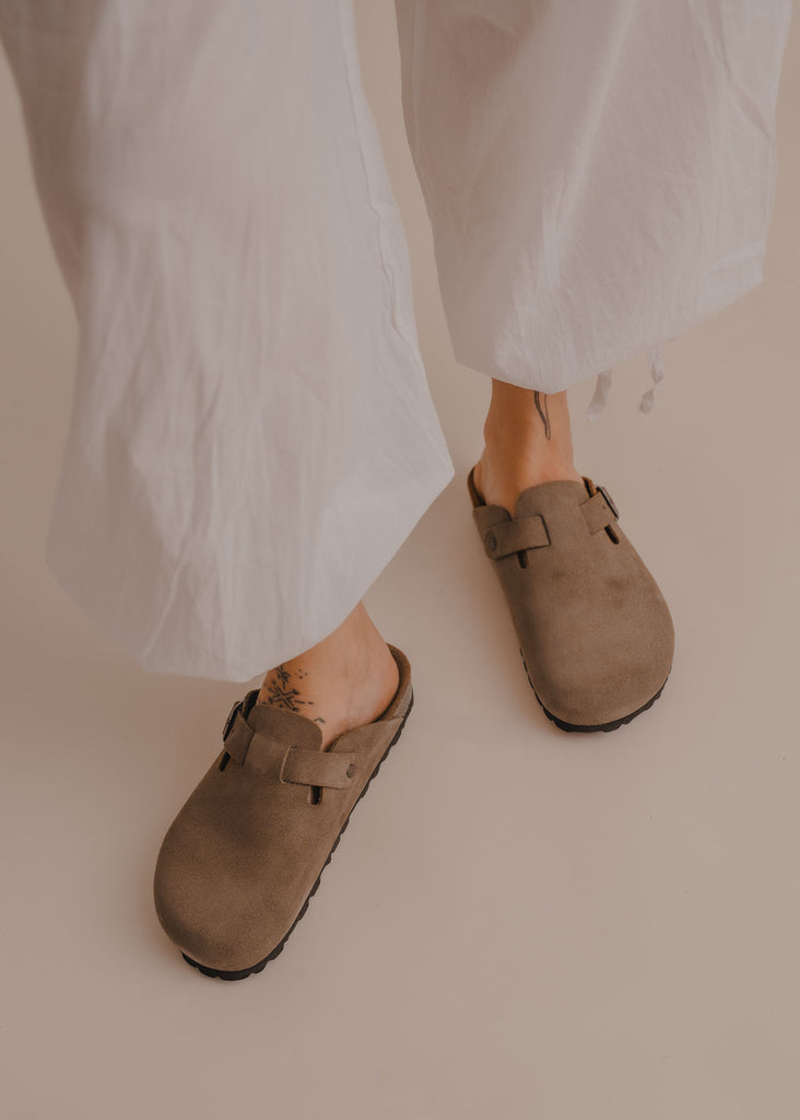 Bilbao Suede Clogs — Taupe suede clogs on model with white pants — MYFASHIONFRUIT