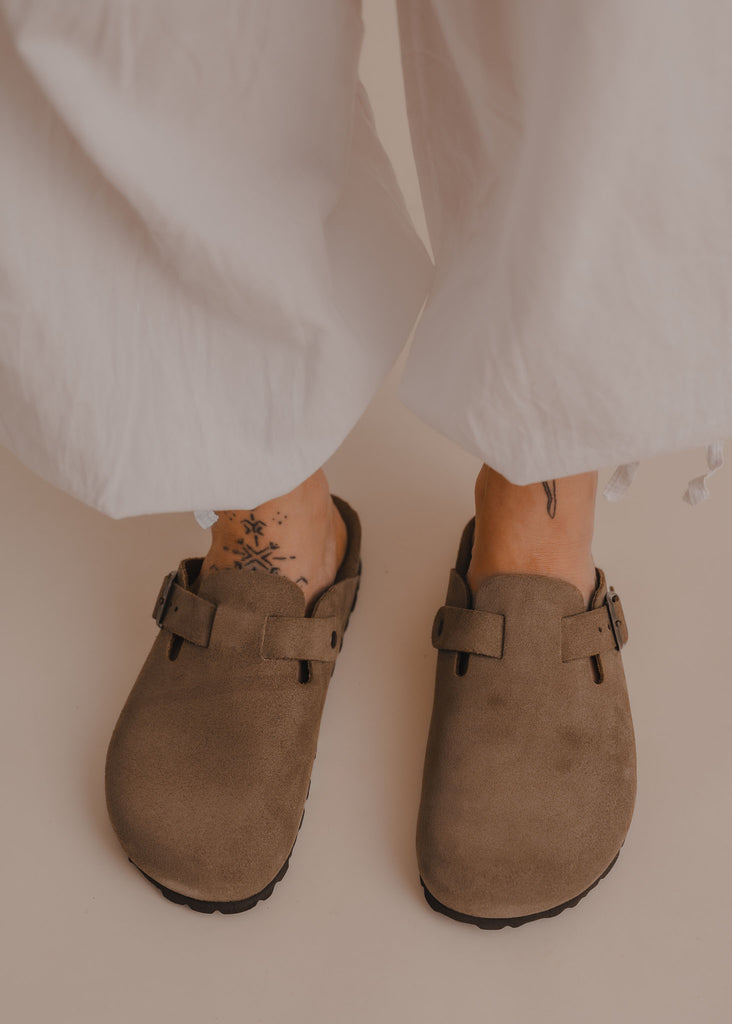 Bilbao Suede Clogs — Taupe suede clogs on model with white pants — MYFASHIONFRUIT