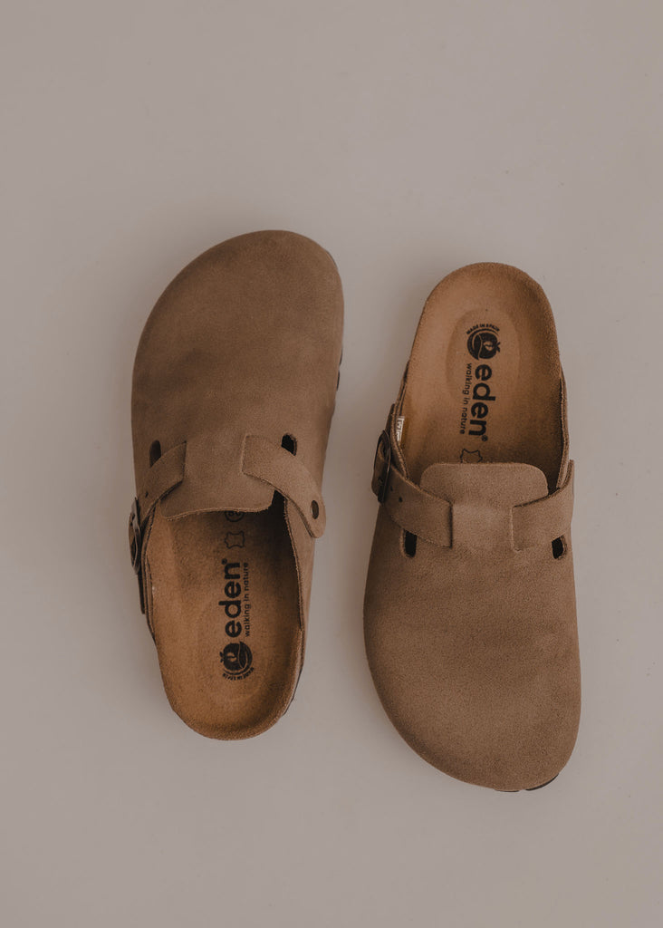 Bilbao Suede Clogs — Brown suede clogs, top view — MYFASHIONFRUIT