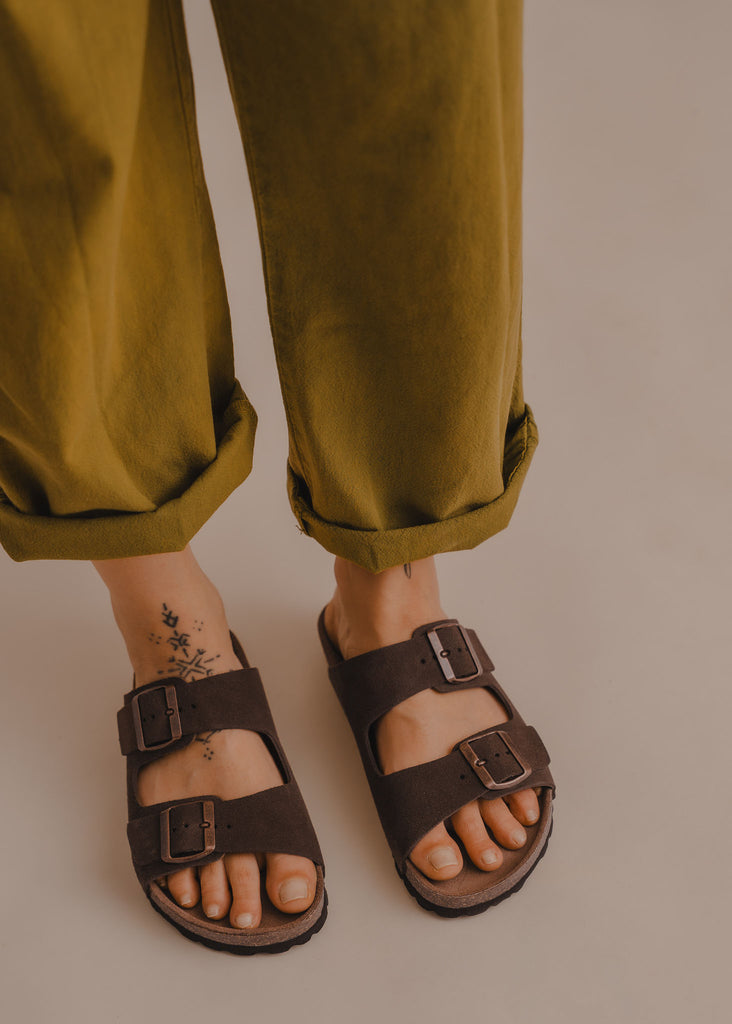 Palma Suede Sandals — Brown suede sandals with buckles on feet — MYFASHIONFRUIT