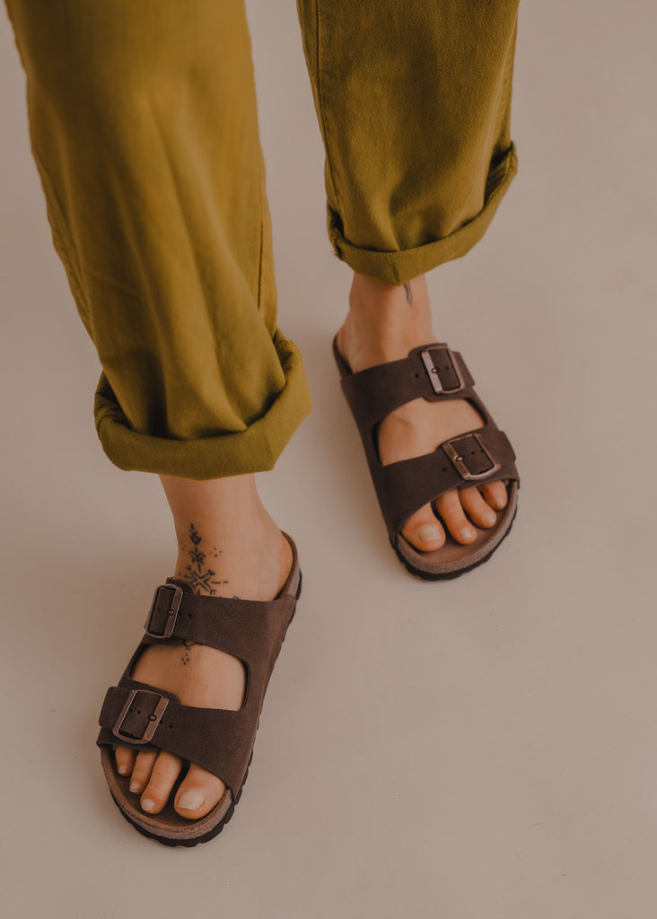 Palma Suede Sandals — Brown suede sandals on model with olive trousers — MYFASHIONFRUIT
