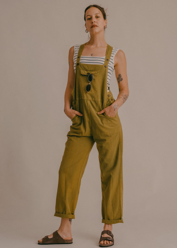 Palma Suede Sandals — Model wearing olive green overall and brown sandals — MYFASHIONFRUIT