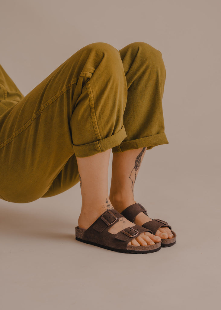 Palma Suede Sandals — Brown suede sandals on model with olive trousers — MYFASHIONFRUIT