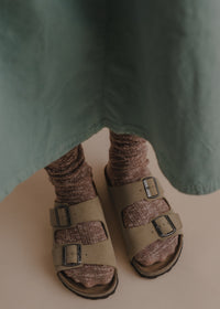 Palma Suede Sandals — Olive green sandals with socks, detail — MYFASHIONFRUIT