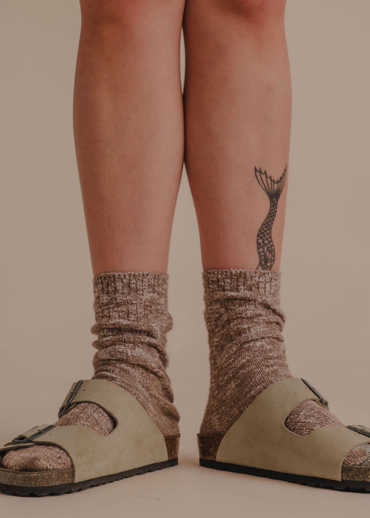 Palma Suede Sandals — Beige sandals and brown socks on model — MYFASHIONFRUIT