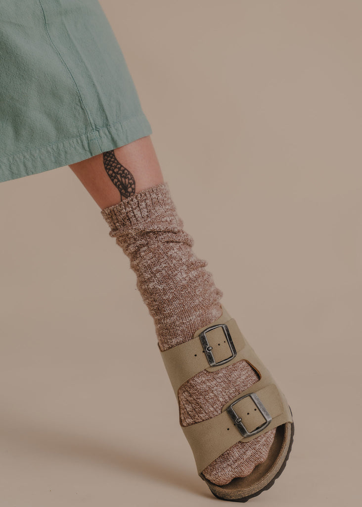 Palma Suede Sandals — Beige sandals, knit socks on model — MYFASHIONFRUIT