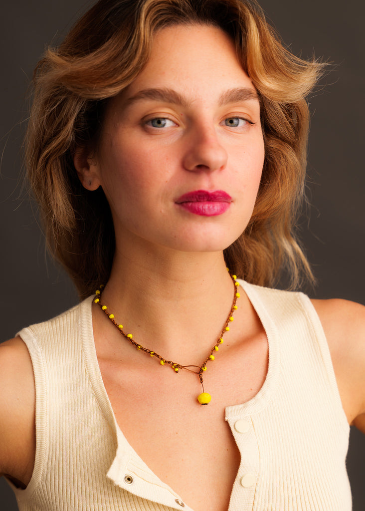Nirvana Necklet — Yellow beaded necklace on model — MYFASHIONFRUIT