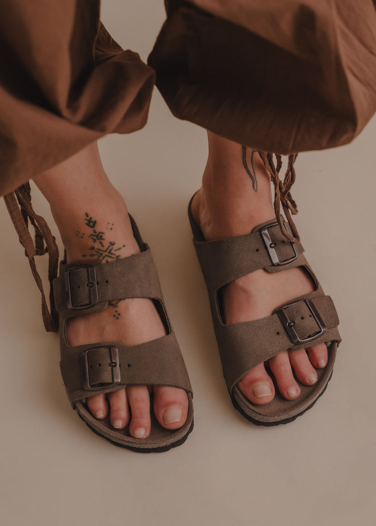 Palma Suede Sandals — Brown suede sandals with buckles on model — MYFASHIONFRUIT