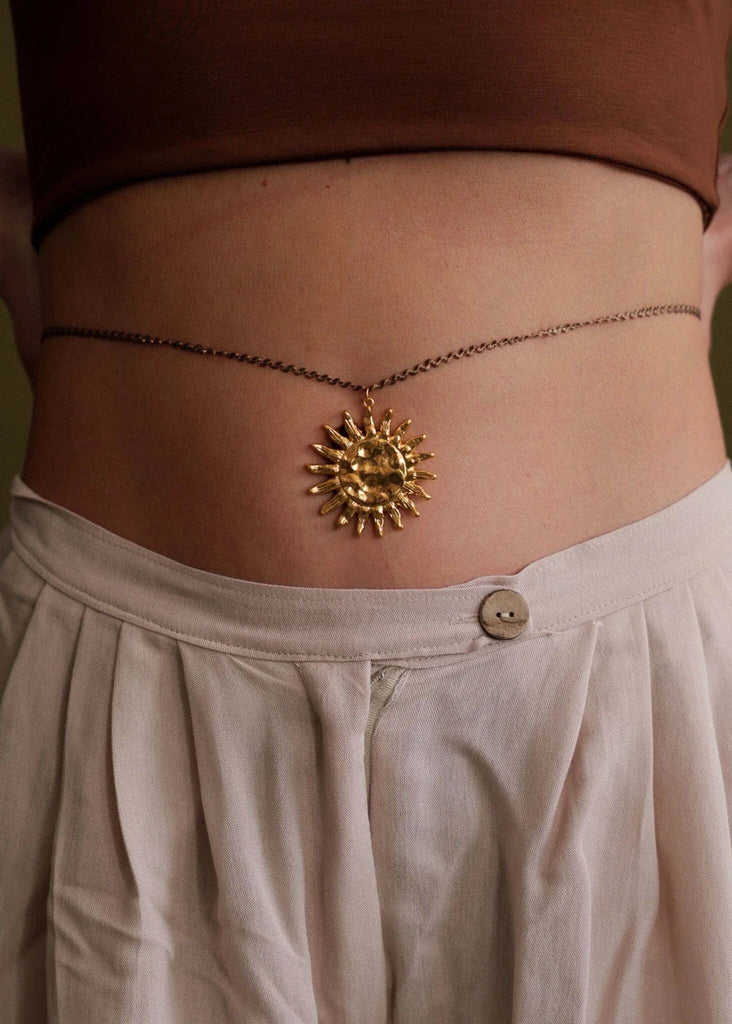 Anatoly Pendant — Gold sun body chain on model — MYFASHIONFRUIT