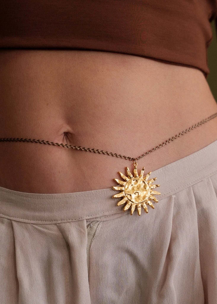 Anatoly Pendant — gold sun detail on model — MYFASHIONFRUIT
