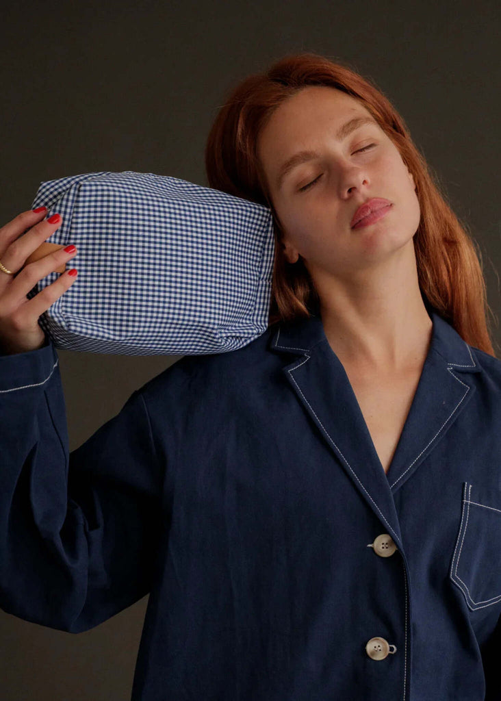 Bailey Necessaire — blue & white gingham, on model — MYFASHIONFRUIT