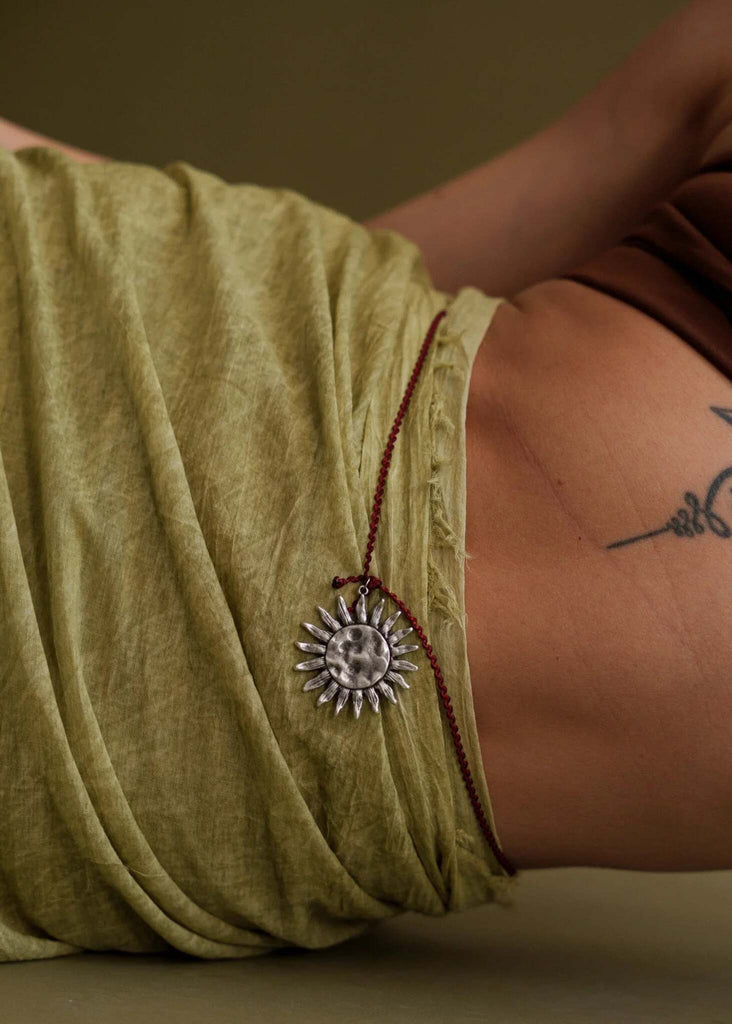 Anatoly Pendant — Sun pendant detail on model — MYFASHIONFRUIT