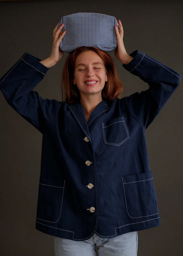 Bailey Necessaire — On model, navy gingham bag — MYFASHIONFRUIT