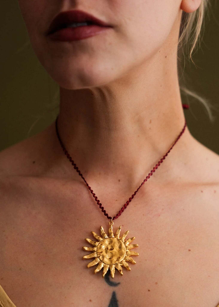 Anatoly Pendant — gold sun on model — MYFASHIONFRUIT