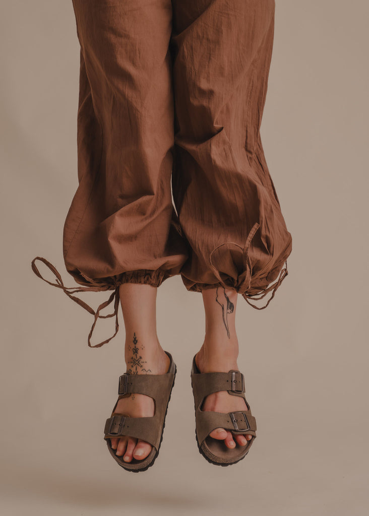 Palma Suede Sandals — Brown sandals on model with brown pants — MYFASHIONFRUIT