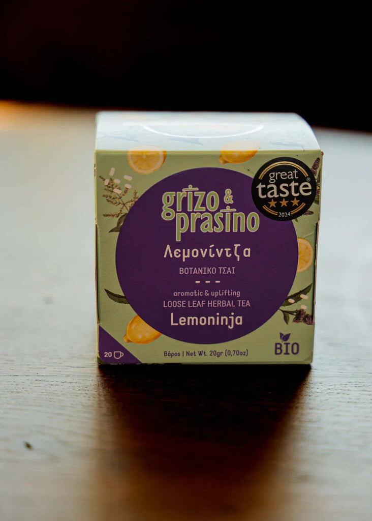 Λεμονίντζα Herbal Blend — Tea box with lemons, purple label — MYFASHIONFRUIT
