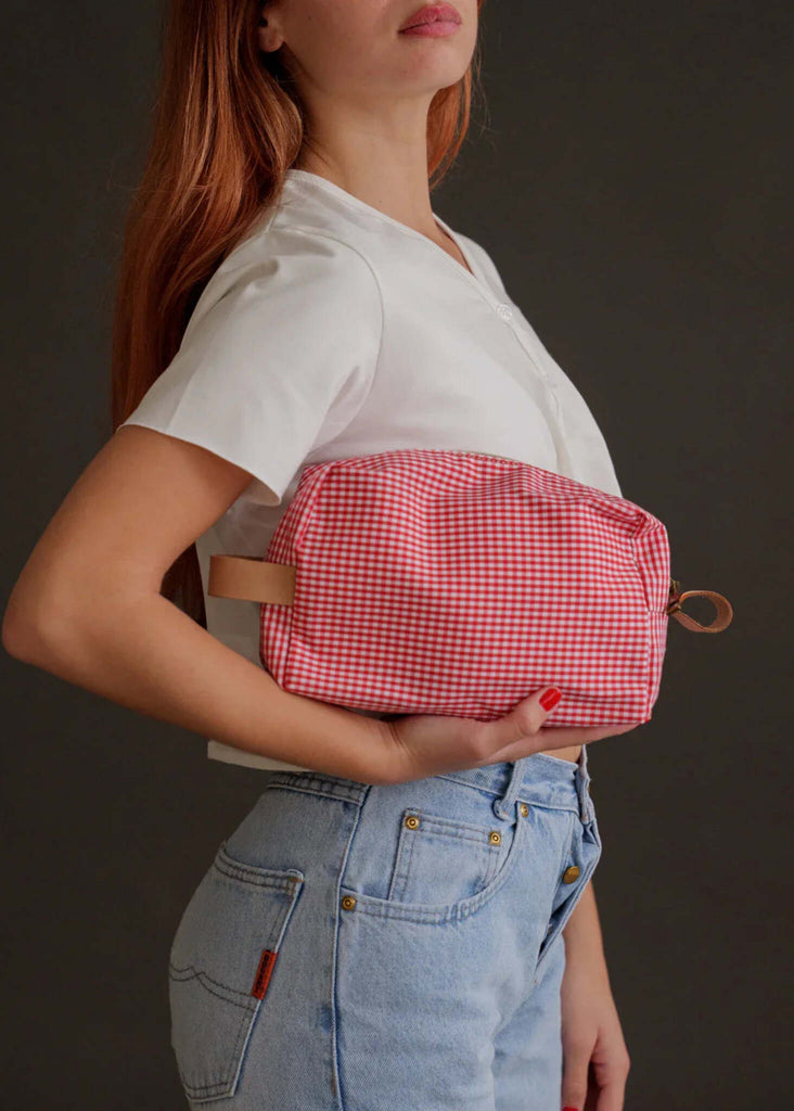 Bailey Necessaire — Red gingham bag with leather detail, on model — MYFASHIONFRUIT