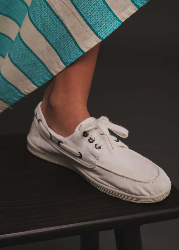 Alheli Boat Shoes — White canvas boat shoe on model — MYFASHIONFRUIT