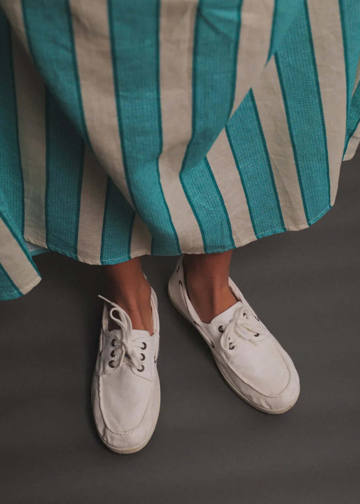 Alheli Boat Shoes — on model, white shoes, striped dress — MYFASHIONFRUIT