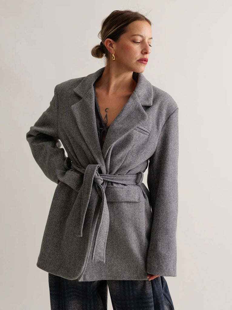 Lorenza Coat — Grey wool blend, belted coat on model — MYFASHIONFRUIT