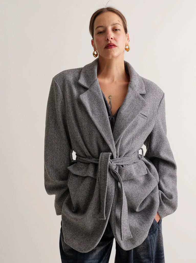 Lorenza Coat — Grey belted wool coat on model — MYFASHIONFRUIT
