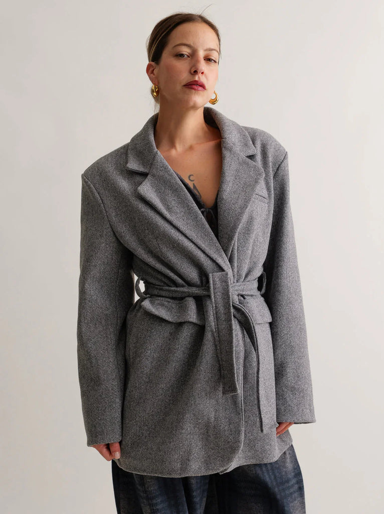 Lorenza Coat — Grey belted wool coat on model — MYFASHIONFRUIT
