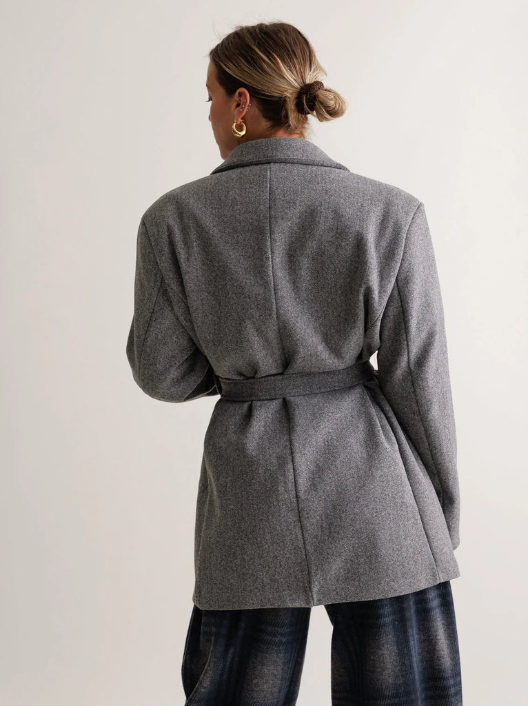 Lorenza Coat — Gray belted coat on model, back view — MYFASHIONFRUIT