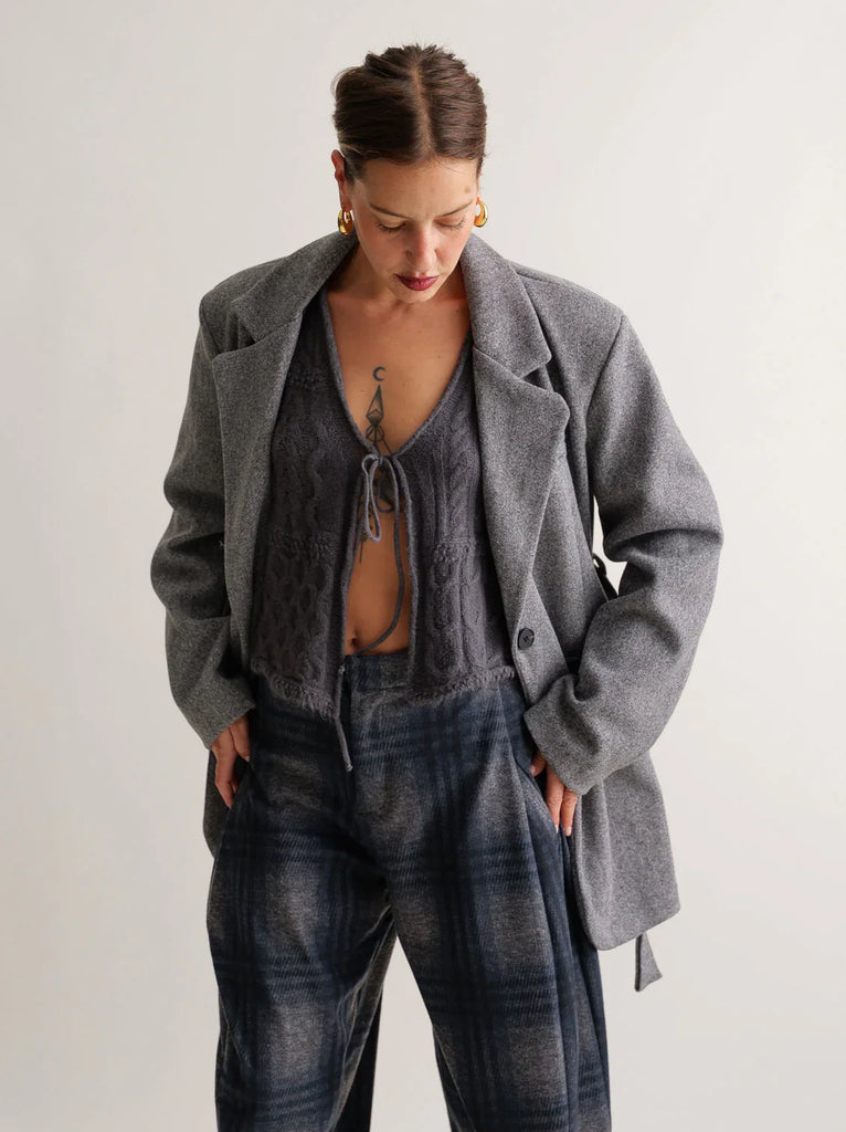 Lorenza Coat — on model in grey wool coat — MYFASHIONFRUIT