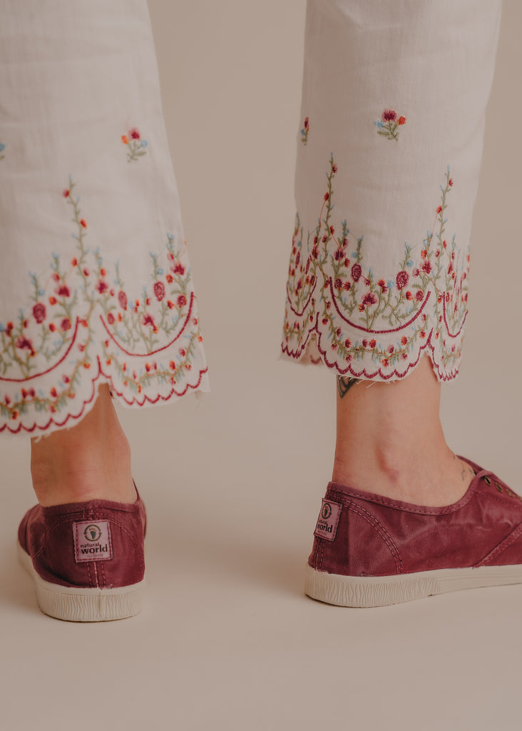 Old Arum Sneakers — detail of maroon sneakers and embroidered pants — MYFASHIONFRUIT